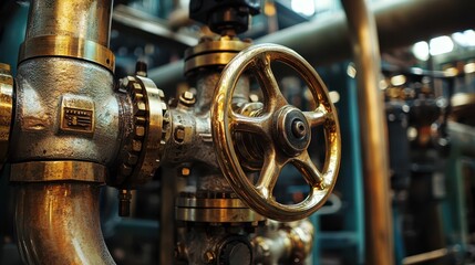 Fototapeta premium Close-Up View of Industrial Brass Valve and Pipe System in Factory