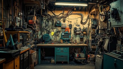 Industrial Workshop with Tools and Machinery in a Vibrant Space