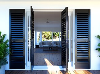 A front door of an Australian house with white walls and black shutters on the sides, wooden floor in a dark brown color, open entrance to the living room