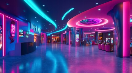 Modern neon cinema lobby interior design