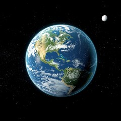 Obraz premium Earth from space, planet view, moon in background, educational image