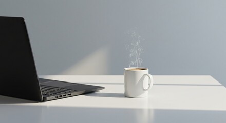 Fototapeta premium Minimalist workspace with a clean desk, laptop, and a cup of coffee