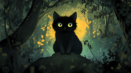 Cursed journey of the black cat, a mystical adventure unfolds as a black cat and enchanted animals unite to lift an ancient spell and discover true friendship. Cursed Enchanted Forest. Illustration