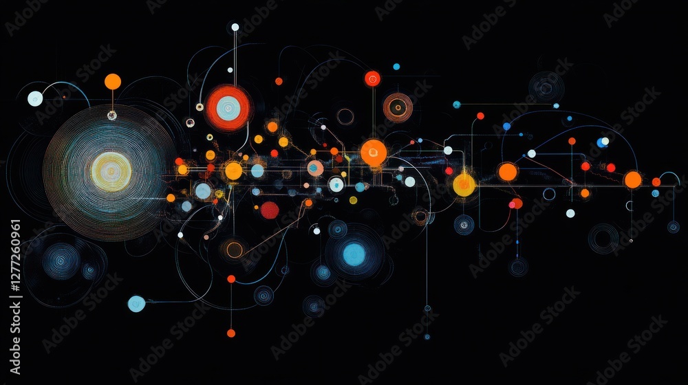 Aufkleber abstract network visualization with interconnected nodes and lines on a black background.
