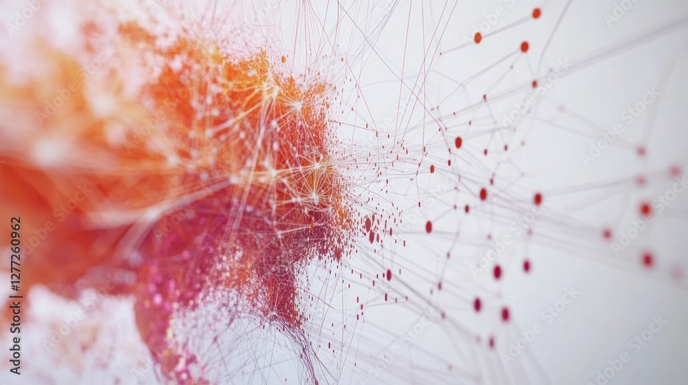 Poster abstract network visualization with interconnected nodes and lines, creating a dynamic, flowing effe