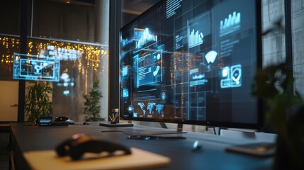 Modern office with large screen displaying data