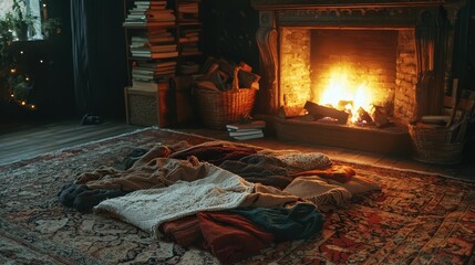 Cozy Fireplace with Warm Blankets on Floor in Inviting Living Room