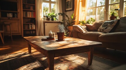 Fototapeta premium Cozy Living Room with Wooden Table and Natural Light Streaming In