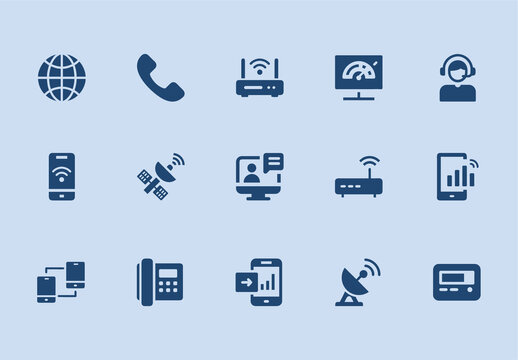 Blue Silhouette Telecommunication and Communication Icons Set
