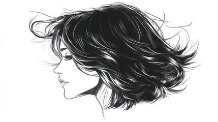Woman's profile, windblown hair, sketch, white background, fashion