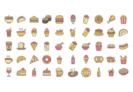 Yellow and Green Flat Street Food Icons Set