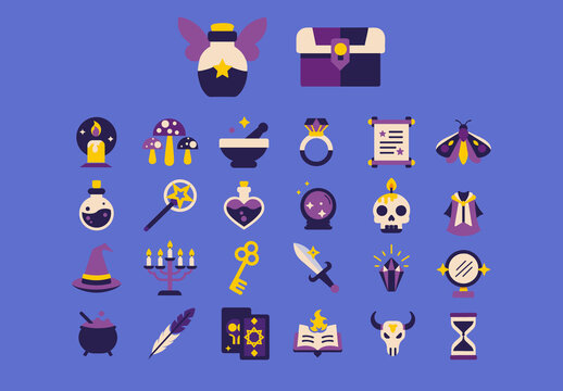 Purple and Yellow Flat Fantasy Magic Icons Set