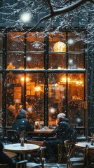Cozy Café Scene in Winter with Snowfall and Warm Illumination