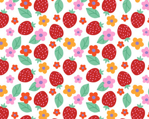 Seamless Pattern with Strawberries. Vector background with strawberries and flowers on a white background. Bright print for printing on fabric, paper and wallpaper. Trendy summer pattern.