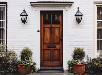 A front door with a gray exterior, a white wall house with wooden windows and potted plants, the photo taken from the street