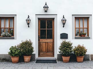 A front door with a gray exterior, a white wall house with wooden windows and potted plants, the photo taken from the street