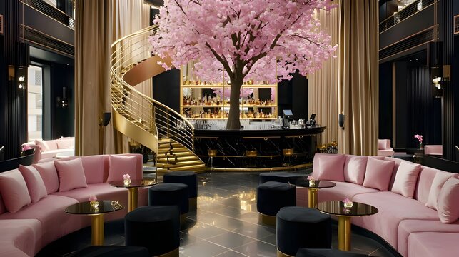 Modern Lounge with Pink Sofas and a Grand Spiral Staircase, 3D Render Realistic AI Generated