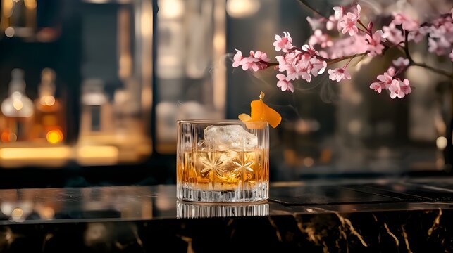 Cocktail Glass with Cherry Blossom and Luxurious Background, 3D Render Realistic AI Generated