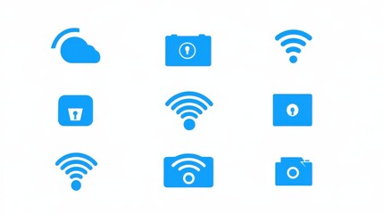 Blue Icons Set Featuring Cloud, Camera, Lock, and Wi-Fi Symbols