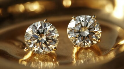 Classic round solitaire diamond earrings resting on a golden jewelry dish, with a softly blurred background.