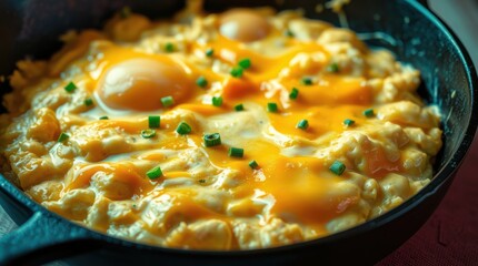 Scrambled eggs with cheese and chives in a pan, offering a warm and comforting breakfast or brunch dish.