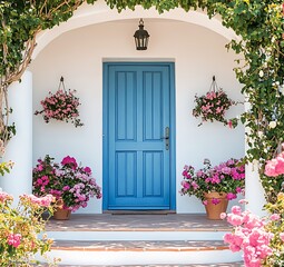 A front view of a house with a blue wooden front door and potted flowers on the sides, against a backdrop of white walls