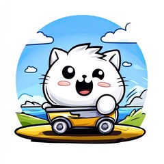 A cute white cat driving a yellow car on a beach with a blue sky and white clouds.