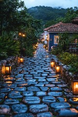 Obraz premium Cobblestone path illuminated by lanterns in a serene village under a cloudy evening sky