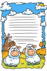 Fototapeta premium A blank letter paper template with a cartoon farm scene, two white sheep in the foreground, a windmill, and a hay bale, with a blue sky and white clouds above.