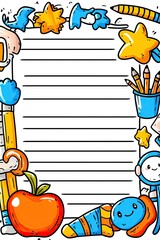 Fototapeta premium A blank lined paper surrounded by colorful school supplies.