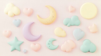 Colorful Pastel Shapes of Moon, Stars, Hearts, and Clouds on Surface