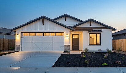 A front view of a modern home exterior with a garage door and wooden cladding, a front yard in the evening lighting,  