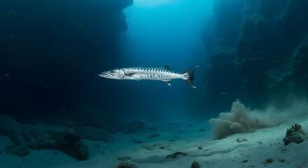 Fototapeta premium Barracuda Swimming in Ocean Cave with Sand and Blue Water