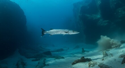 Fototapeta premium Barracuda Swimming Through Underwater Canyon with Blue Water and Sand