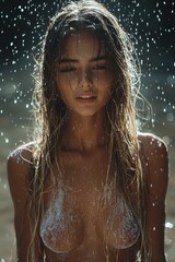 Obraz premium Water droplets cascade over a woman's wet hair in a serene natural setting during daylight