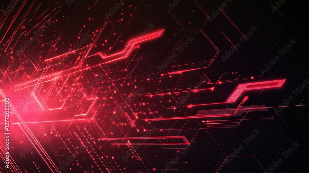 Poster abstract digital background with bright red lines and hexagonal pattern