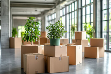 Boxes and plants arranged in modern interior space for relocation setup showcasing minimalistic design elements