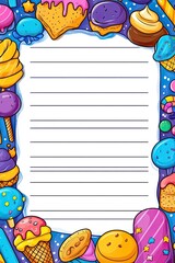 Fototapeta premium A blue and white lined paper with colorful sweets and candy border.