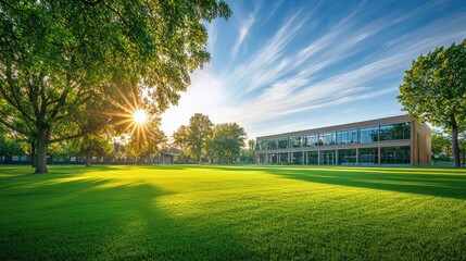 Bright sunny afternoon over a green park with modern building and trees