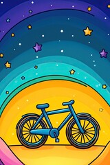Fototapeta premium A blue bicycle sits in front of a stylized sunset and night sky.