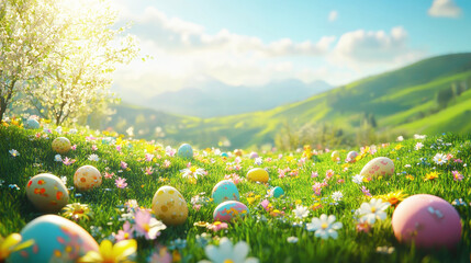 Colorful Easter eggs among blooming flowers on a sunny hillside with mountains in the background during springtime