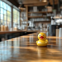 Yellow rubber duck on wooden cafe table, interior