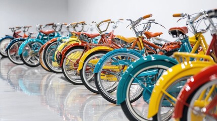 Colorful Vintage Bicycles in a Row on a Glossy Surface