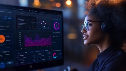 Woman working on computer at night