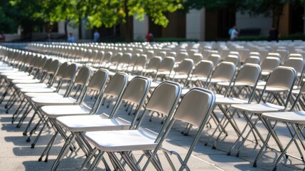 Naklejka premium Rows of Empty Folding Chairs Set Up for Outdoor Event Gathering