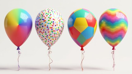 Obraz premium Four Colorful Balloons Rainbow Confetti Soccer Swirl Designs Party Decoration