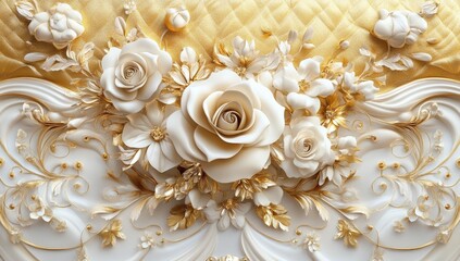 Ornate gold and white floral wall decor, quilted gold background