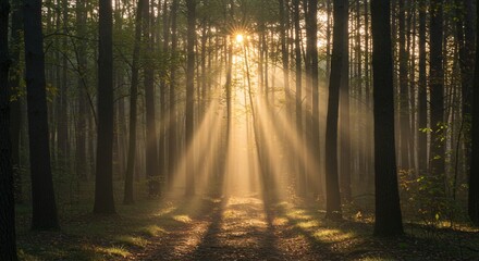 Peaceful forest with sun rays shining through the trees in early morning light