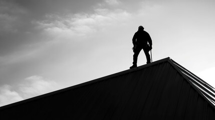 Silhouetted roofer atop building, cloudy sky