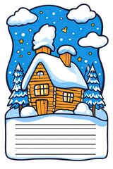 A cartoon illustration of a snow-covered cabin with a snowy roof, two chimneys, a door, two windows, and a white sign at the bottom.